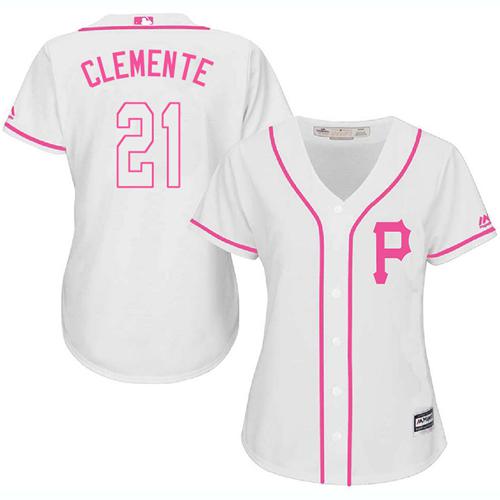Pirates #21 Roberto Clemente White/Pink Fashion Women's Stitched MLB Jersey
